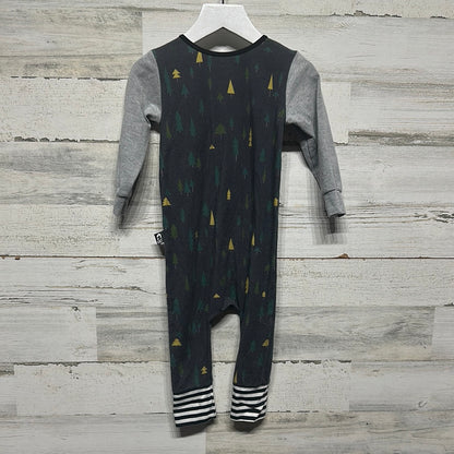Boys Size 2t Rags Romper - Dark Grey with Trees and Black and White Striped Pocket - Good Used Condition