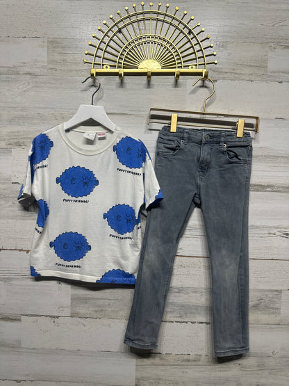 Zara Size 5/6 Puffer Fish Shirt and Grey Adjustable Waist Jeans GUC