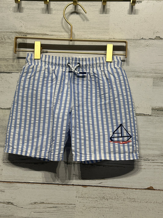 Preowned Size 5t Cat & Jack Seersucker Embroidered Sailboat Swim Trunks - Good Used Condition