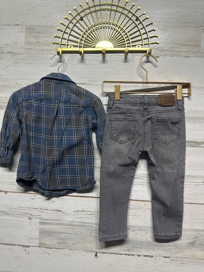 Volcom Plaid Flannel and Grey Adjustable Waist Jeans Outfit Set - Boys Size 24m - Very Good Used Condition