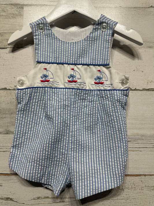 Boys Size 3-6m Seersucker Embroidered Jon Jon -  Good Used Condition