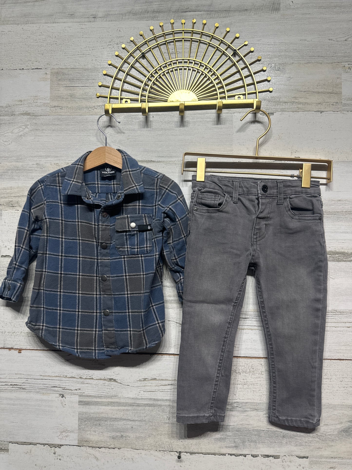 Volcom Plaid Flannel and Grey Adjustable Waist Jeans Outfit Set - Boys Size 24m - Very Good Used Condition