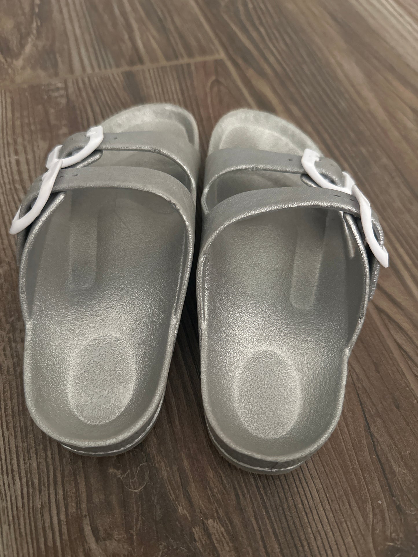 Girls Size 31 (Fits Like 12 Little Kid) MIA Silver Slides - Good Used Condition