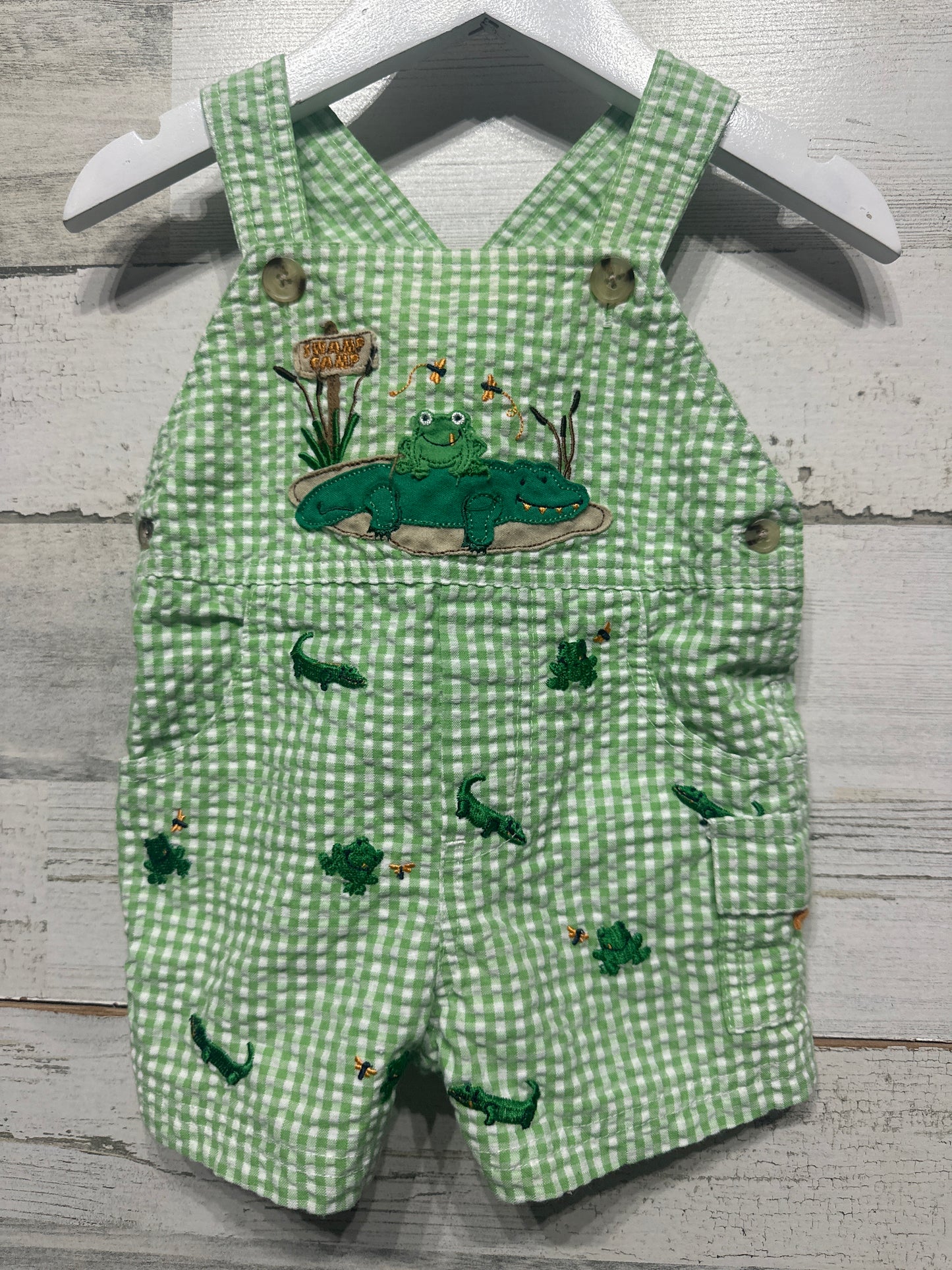 Boys Size 3-6 months Swamp Camp Gingham Embroidered Overalls - Very Good Used Condition