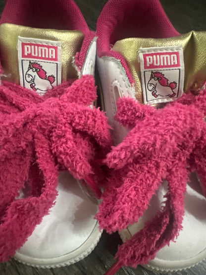 Girls Preowned Size 8 Puma Minion Fluffy the Unicorn Pink and White Shoes - Good Used Condition