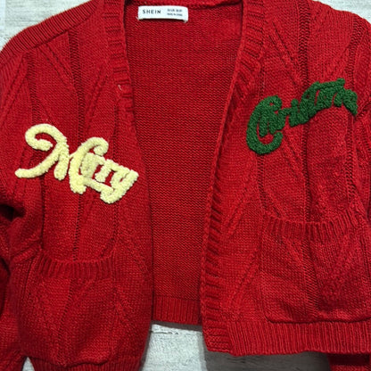 Girls Size 8Y Shein red Merry Christmas cardigan - good used condition