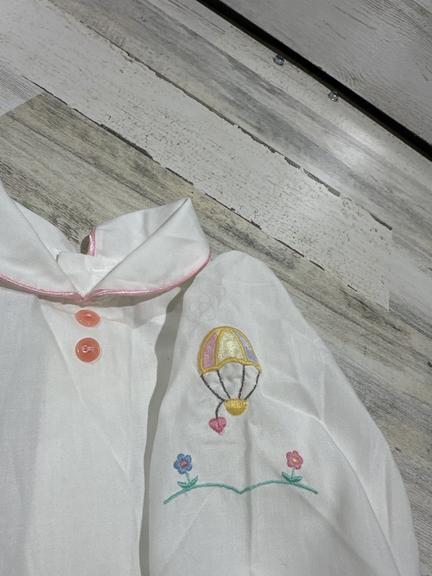 Vintage Embroidered Sleeve Pink Piped Peter Pan Collared Shirt  - Girls Size 18m - Good Used Condition