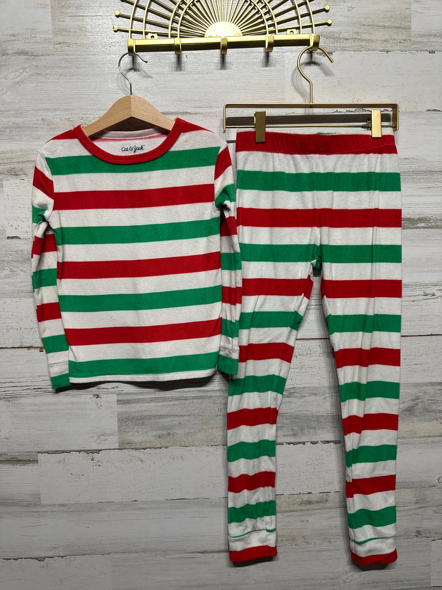 Cat & Jack Fleece Holiday Striped Pajama Set - Kids Size 6 Top / Size 8 Pants - Good Used Condition