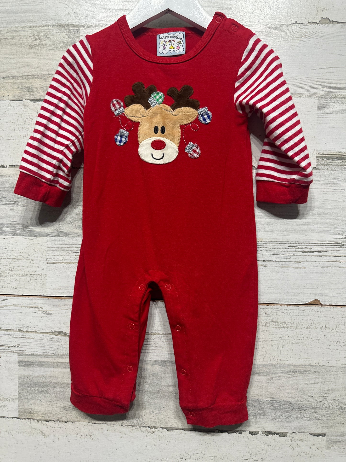 Boys Preowned Size 12m Three Sisters Reindeer Holiday Appliqué Romper - Good Used Condition