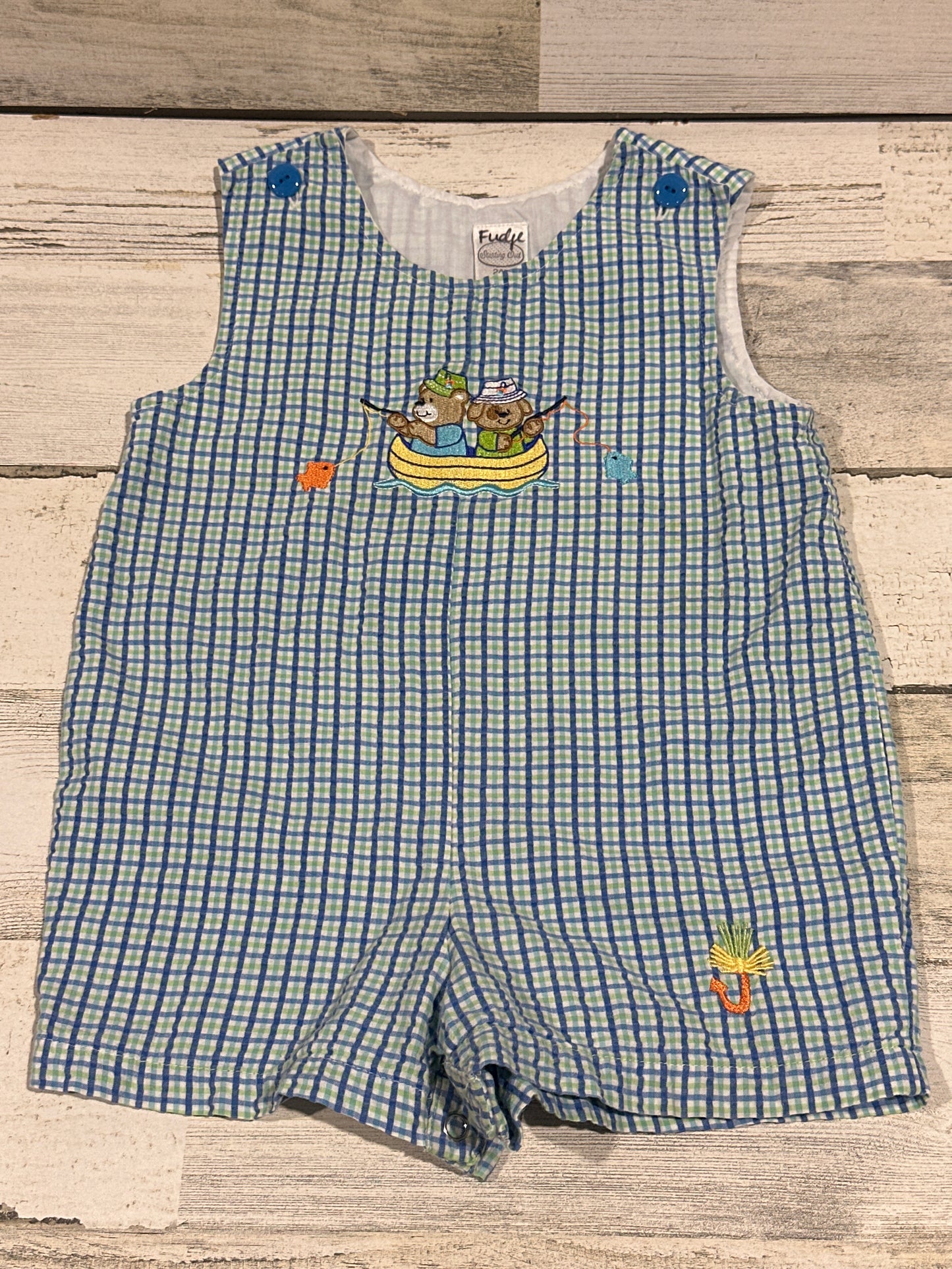 Fishing Bears Applique Embroidered Cotton Plaid Romper - Starting Out - Boys Size 24m - Good Used Condition