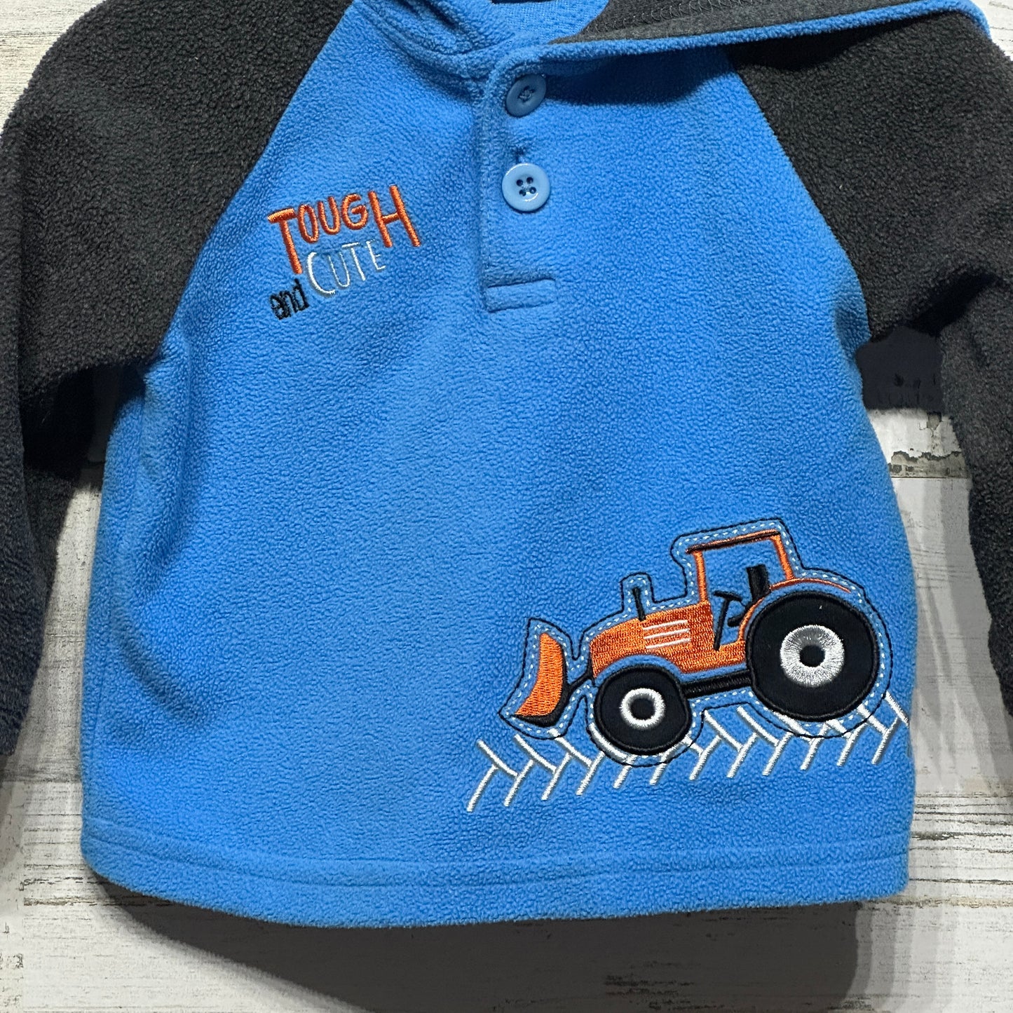 Boys Size 6-9m Buster Brown Fleece Tractor Hoodie - Good Used Condition