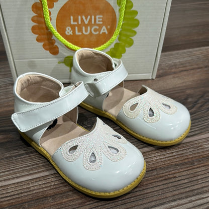 Girls Size 8 Toddler Livie and Luca Patent White with Shimmer Petal Shoes - New In Box