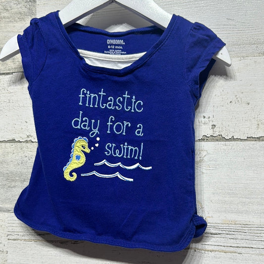 Girls Size 6-12m Gymboree Fintastic Day For A Swim Seahorse Applique Shirt - Good Used Condition