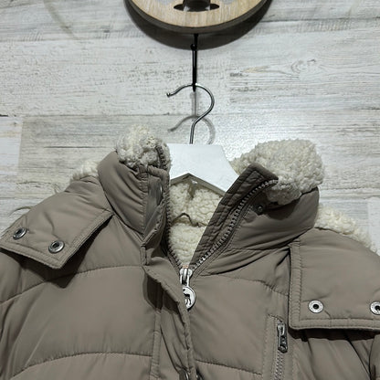 Girls Size 13/14 Abercrombie Kids tan Sherpa lined puffer jacket with removable hood with fur - good used condition