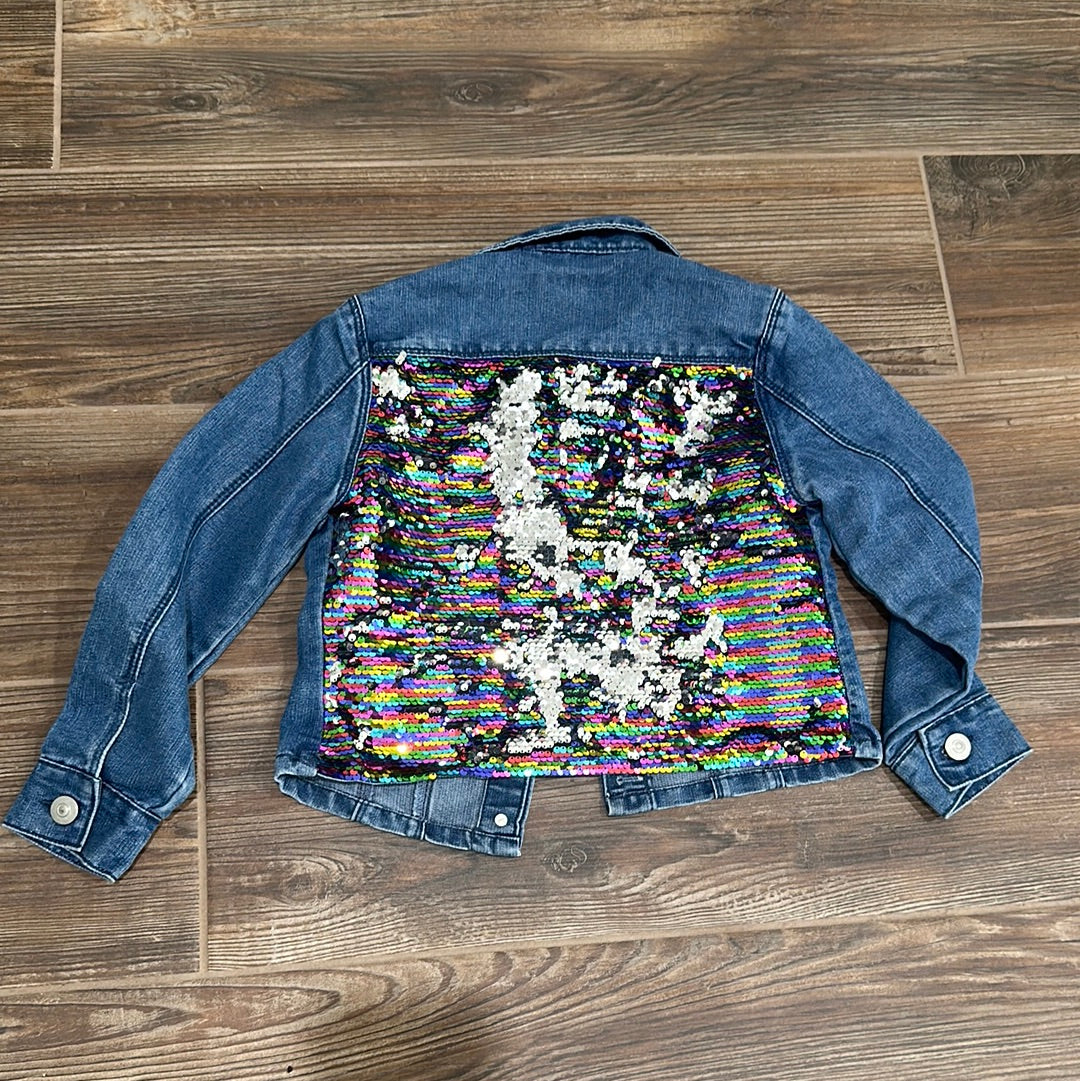 Girls Preowned Size Large (10) Poured In Blue Sequin Backed Denim Jacket - Very Good Used Condition