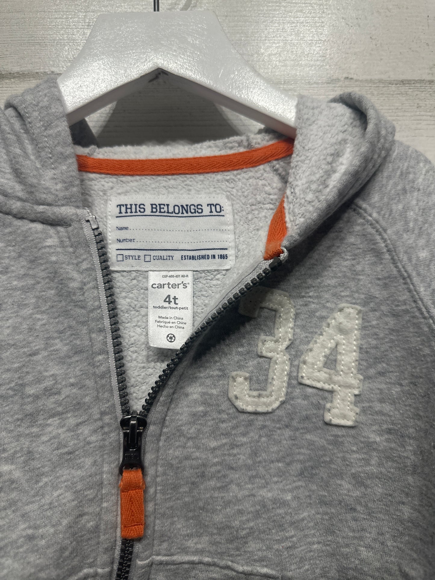 Boys Size 4t Carter’s Grey Hooded Jacket - Play Condition