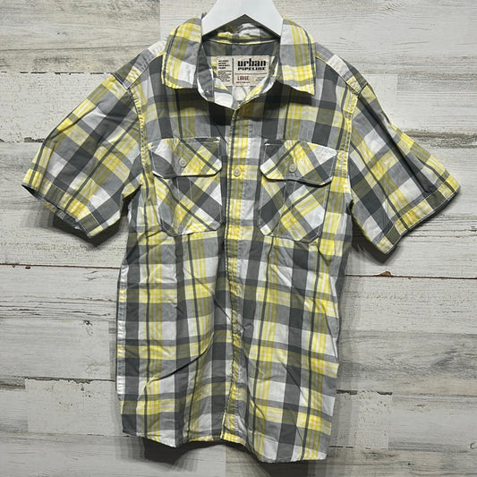 Boys Size Large Urban Pipeline Grey and Yellow Plaid Button Up - Good Used Condition