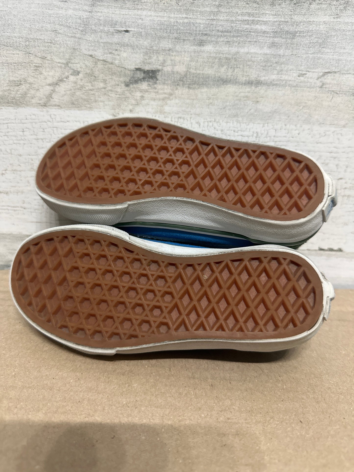 Size 12.5 (Little Kid) Van’s Velcro Green and Blue Shoes - Good Used Condition