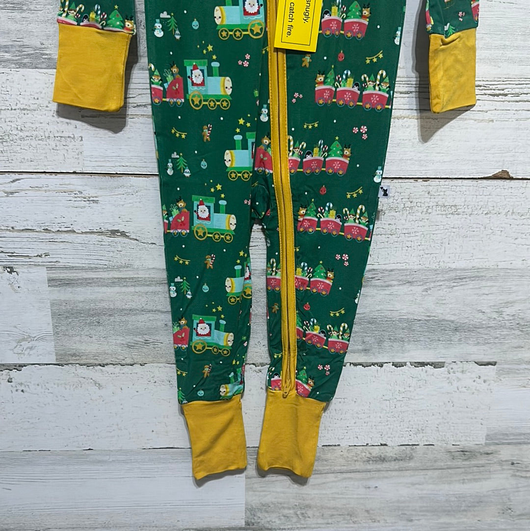 Size 6-12m Kiki + Lulu bamboo green holiday train convertible zip up romper - new with tags