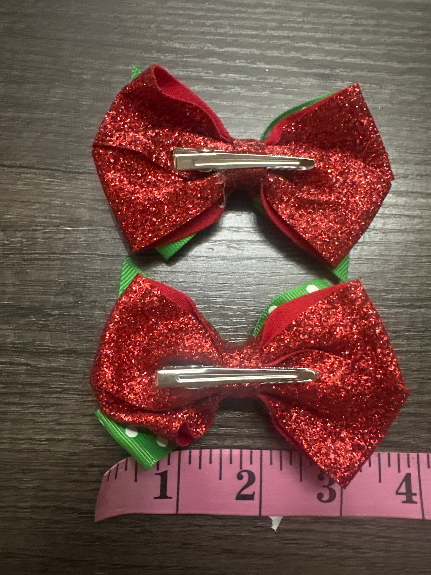 3.5” Set of Red Glitter and Green Polka Dot Hair Bows on Alligator Clips (Set of 2) - Good Used Condition