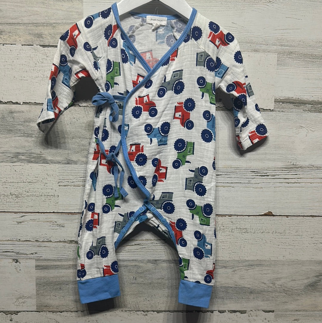 Boys Size 3-6m Angel Dear Muslin Tractor Kimono Romper - Good Used Condition