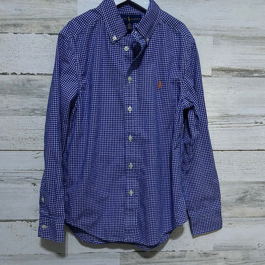 Boys Size 10-12 Ralph Lauren Blue and White Plaid Button Up Shirt - Good Used Condition