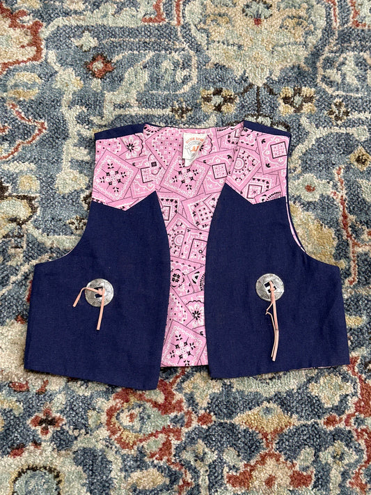 Kiddie Korral Western Navy and Pink Bandana Vest Size Large (Fits Girls 2-4) GUC