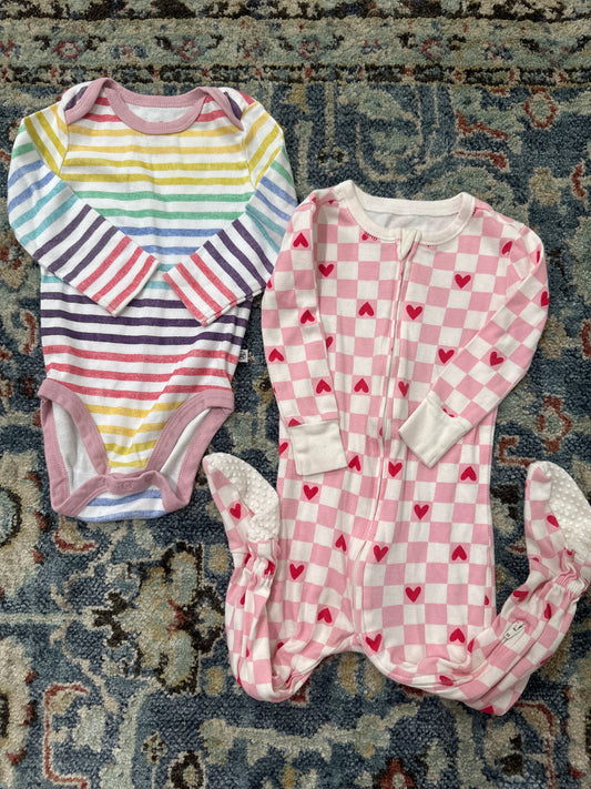 12m Girls Honest Bodysuit and Old Navy Heart Footie GUC