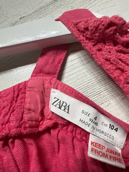 Girls Size 4 (104cm) Zara Crochet Collar Linen Dress - Very Good Used Condition
