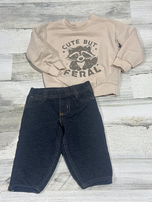 Cute But Feral Sweatshirt and Stretchy Carters Knit Jeans - Size 12-18m - Very Good Used Condition