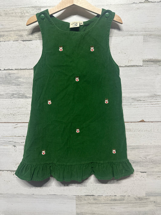 Girls Size 4 Luigi Kids Green Cord Holiday Reindeer Embroidered Dress - Very Good Used Condition