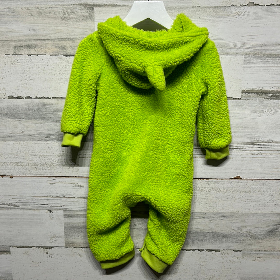 Boys Size 9-12m Green Fleece Grinch Inspired Hooded Coverall -Good Used Condition