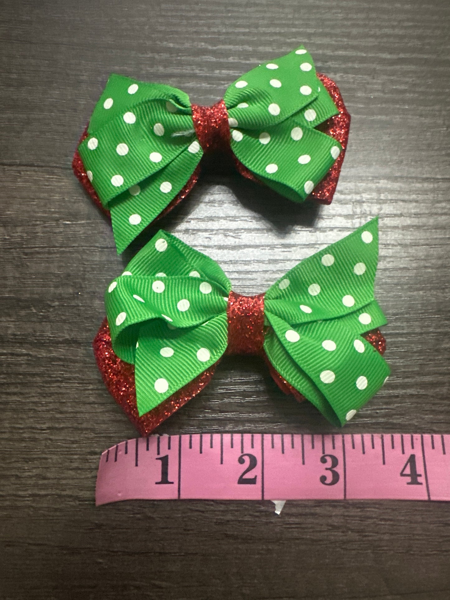 3.5” Set of Red Glitter and Green Polka Dot Hair Bows on Alligator Clips (Set of 2) - Good Used Condition