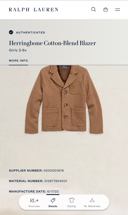 Girls Size 6 Polo Ralph Lauren Herringbone Cotton-Blend Blazer - Very Good Used Condition