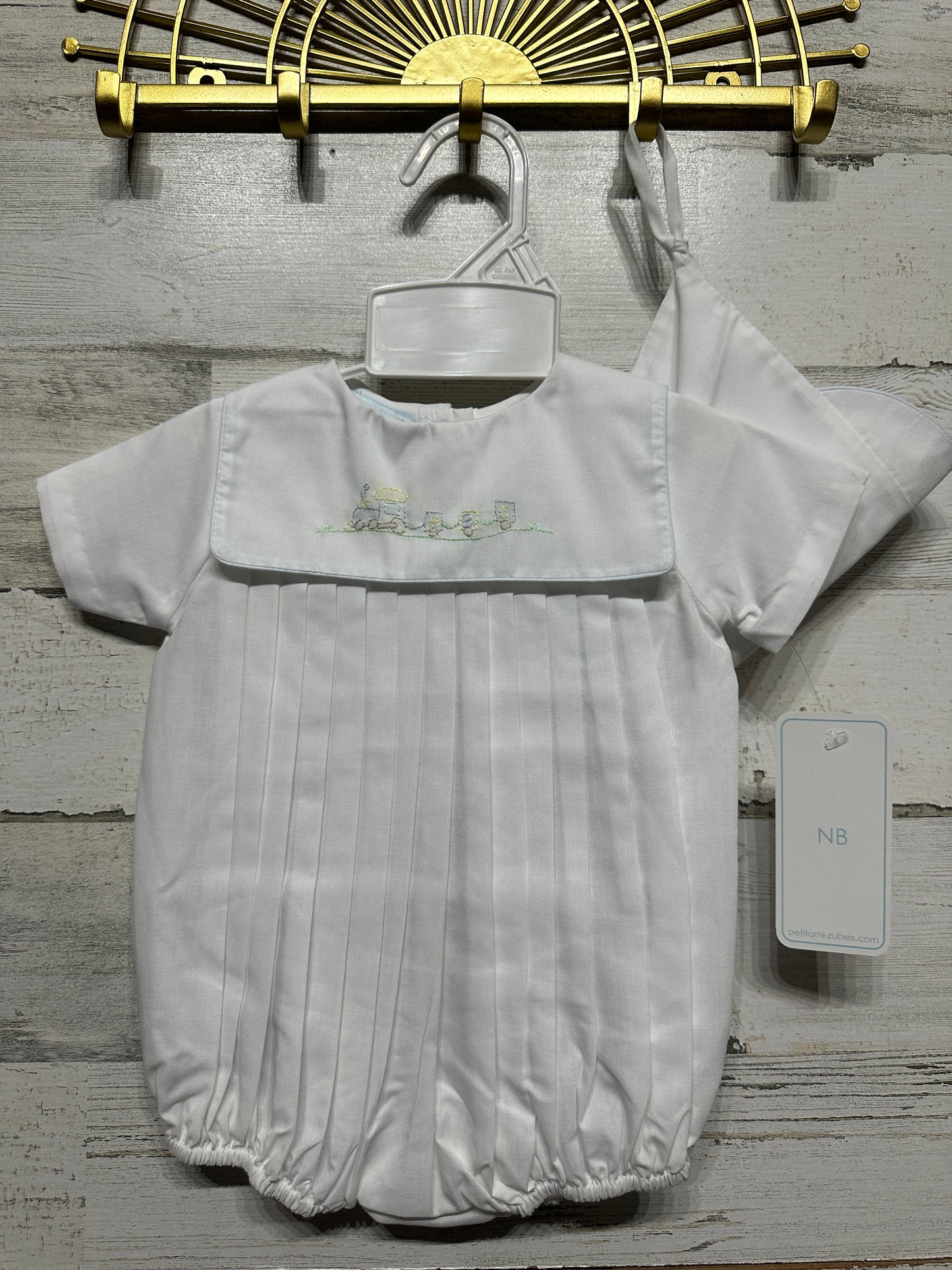 Boys Size Newborn Petit Ami Embroidered train romper with matching bonnet - New With Tags