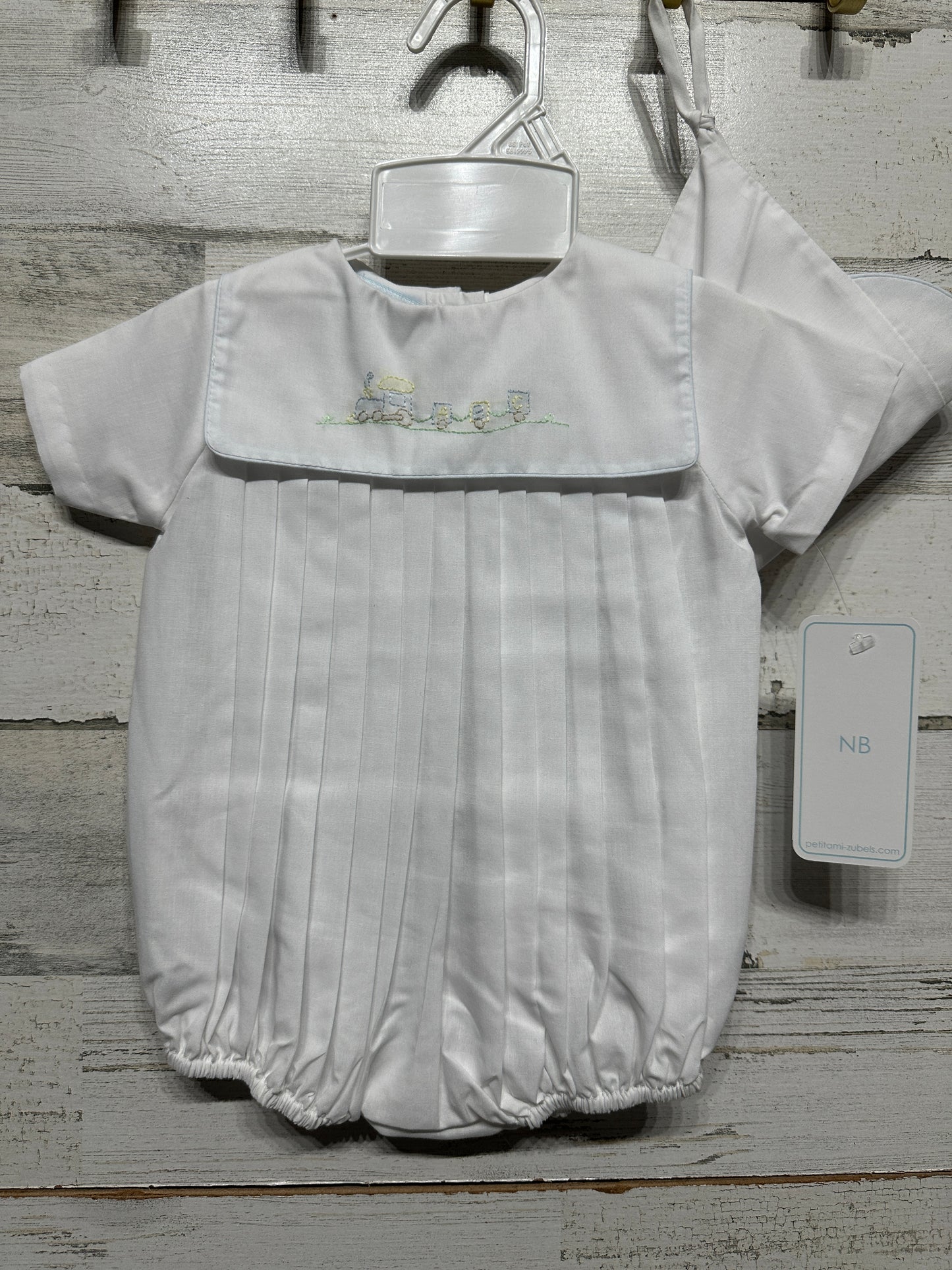 Boys Size Newborn Petit Ami Embroidered train romper with matching bonnet - New With Tags