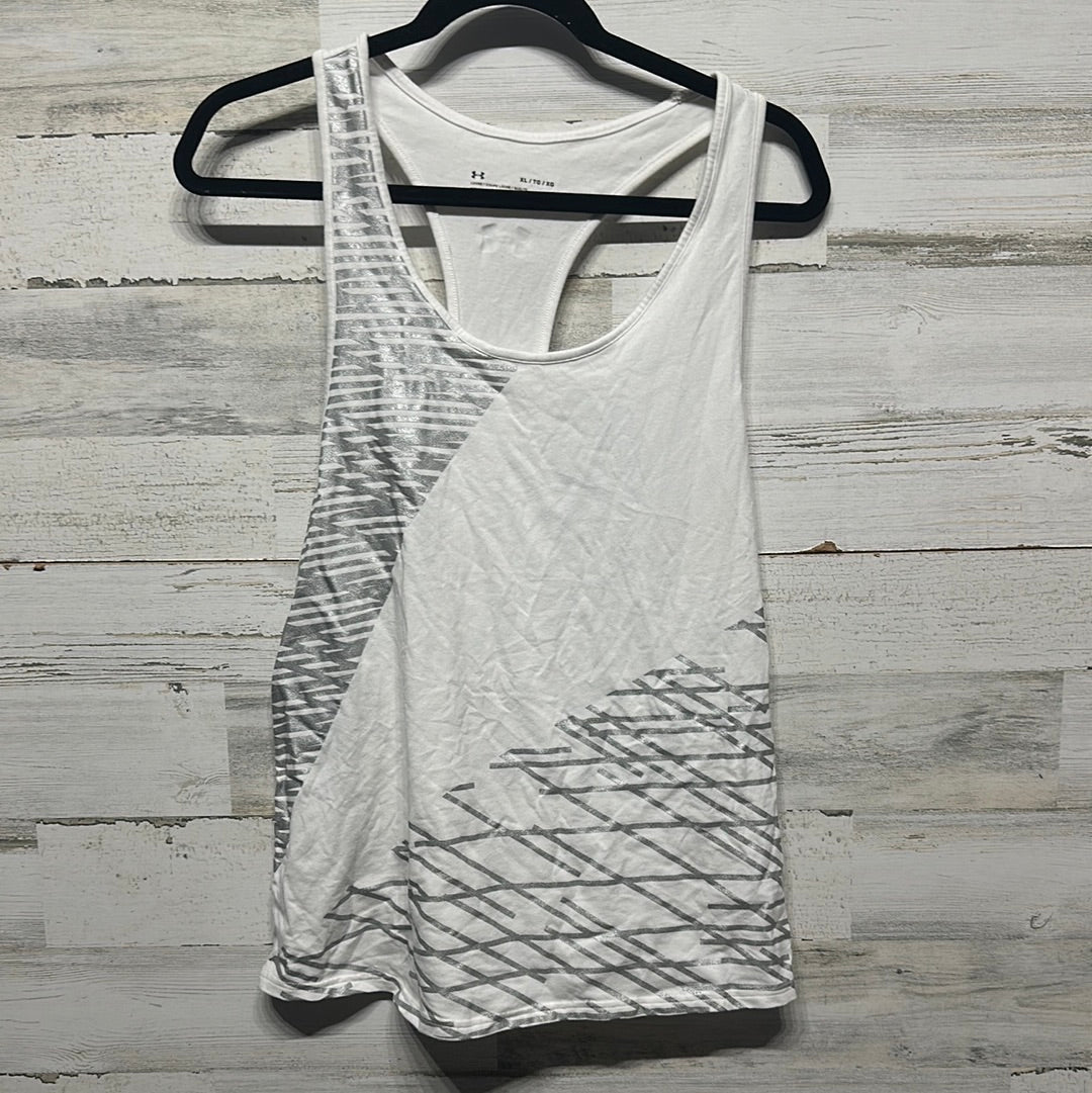 Women's Size XL Under Armour Loose Heat Gear White/Silver Tank Top - Good Used Condition