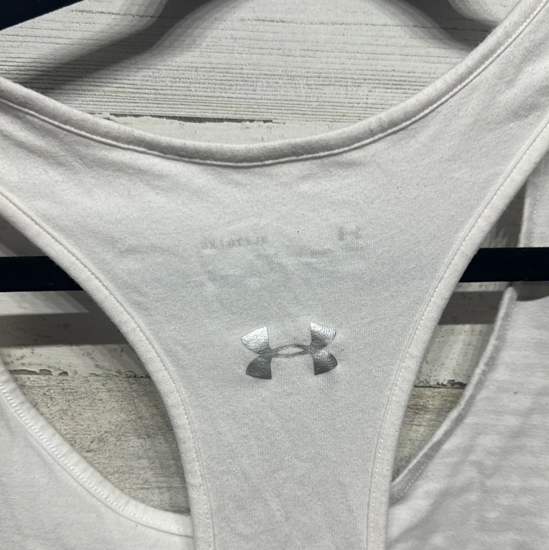 Women's Size XL Under Armour Loose Heat Gear White/Silver Tank Top - Good Used Condition