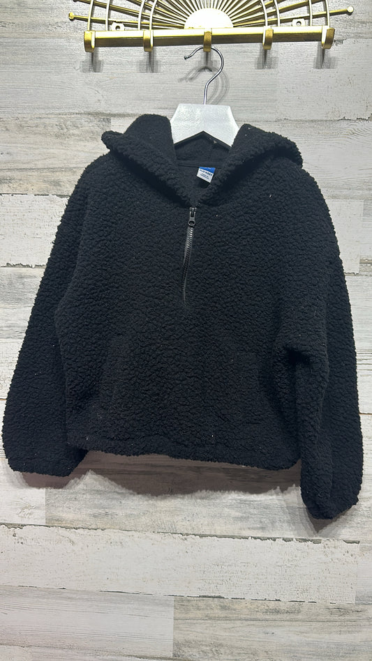 Girls Size 6-7 (Small) Old Navy Black Sherpa Slightly Cropped Hooded Pullover - Good Used Condition