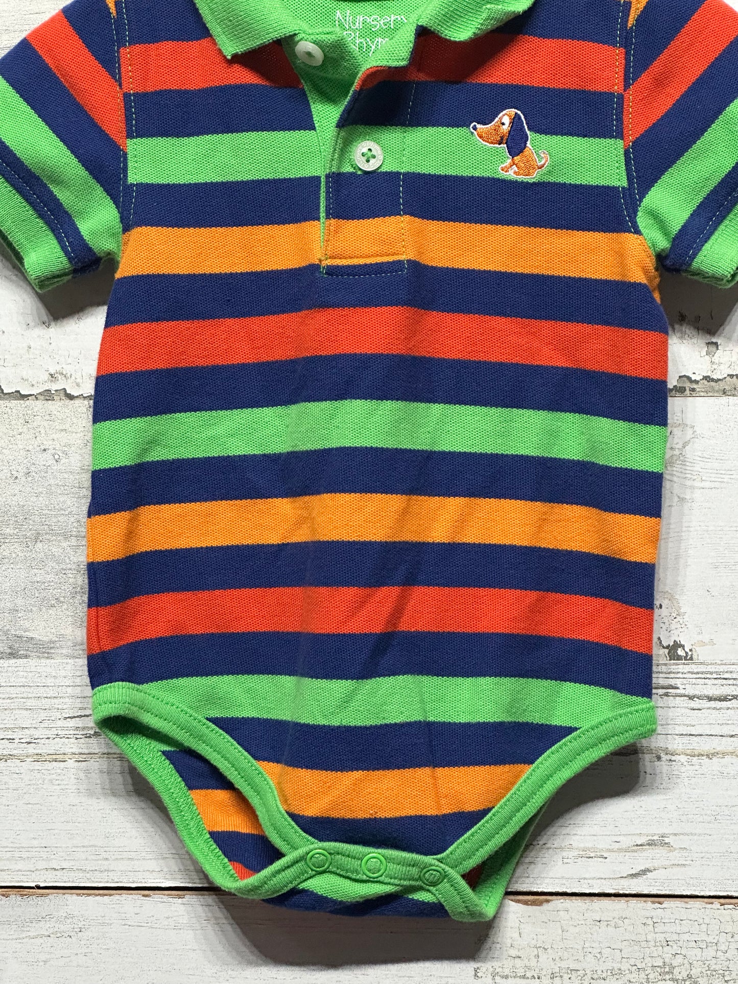 Boys Size 6-9m Nursey Rhyme - Striped Puppy Applique Collared Onesie - Good Used Condition