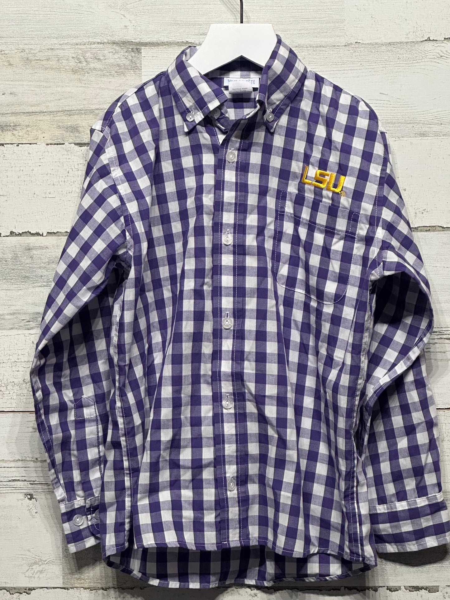 Boys Size 7 Viva La Fete Purple Plaid LSU Button Up - Very Good Used Condition