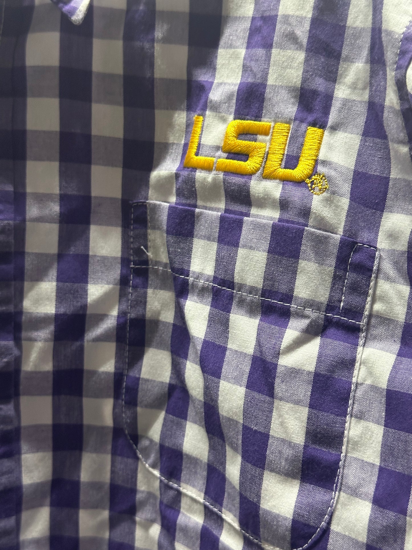 Boys Size 7 Viva La Fete Purple Plaid LSU Button Up - Very Good Used Condition