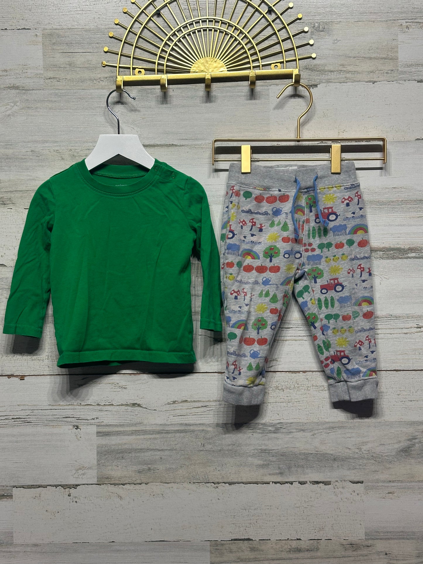 Boys Size 18-24m Primary Green Long Sleeve Shirt and Baby Boden Pants - Good Used Condition