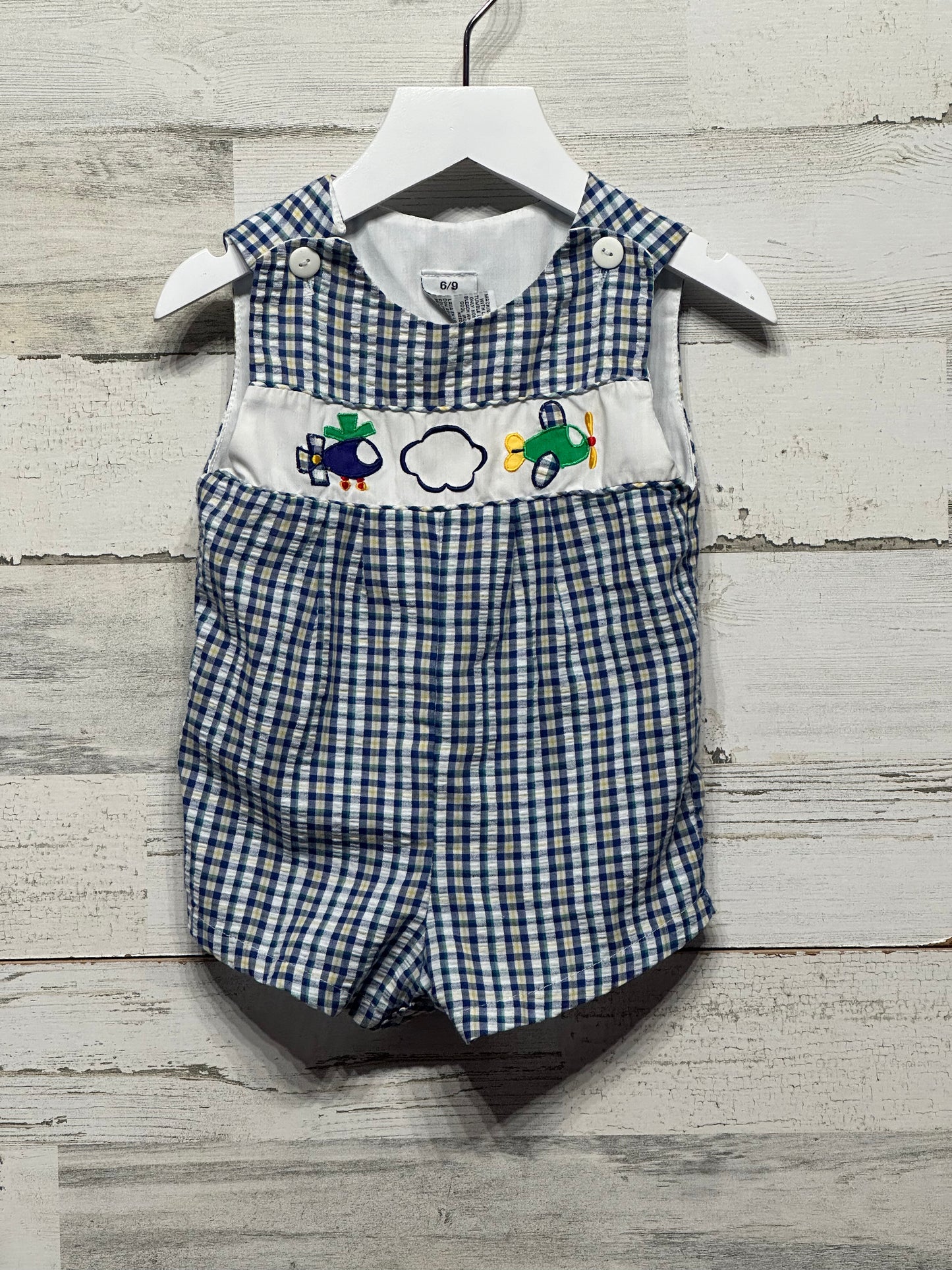 Boys Size 6-9m Plaid Embroidered Plane Jon Jon - Play Condition