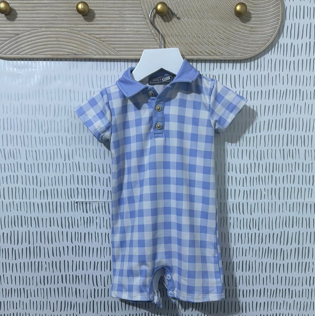 Boys Size 3m Millie and Maxx blue/white plaid romper romper - good used condition