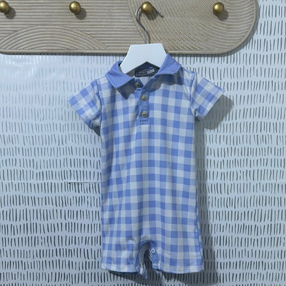 Boys Size 3m Millie and Maxx blue/white plaid romper romper - good used condition