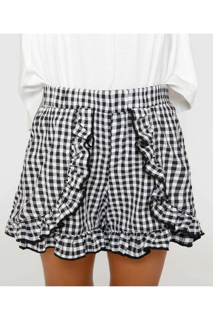 Girls Size 10 Hannah Banana Frilled Faux-Wrap Black and White Gingham Shorts - New With Tags